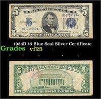 1934D $5 Blue Seal Silver Certificate Grades vf+