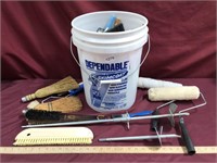 Bucket Of Paint Brushes, Rollers And Paint Mixers