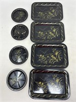-4 vintage mini Asian theme tin trays with four