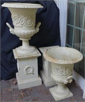 Pair Cast Iron Urns on Pedestals