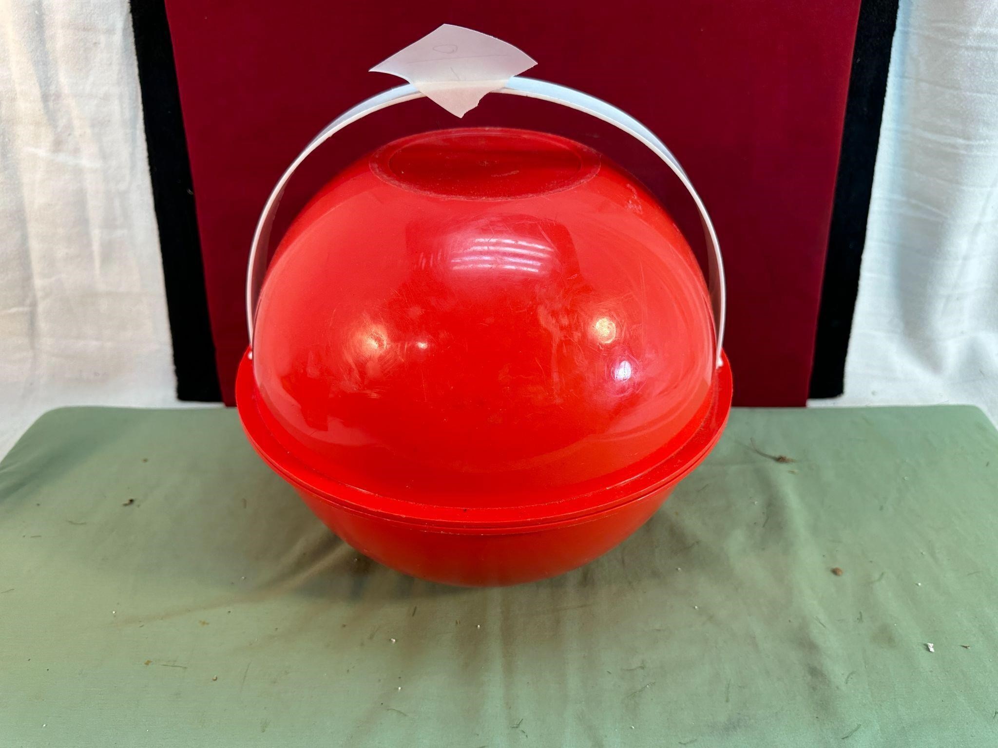 PICNIC BALL, RED PLASTIC, PLATES & CUPS INSIDE