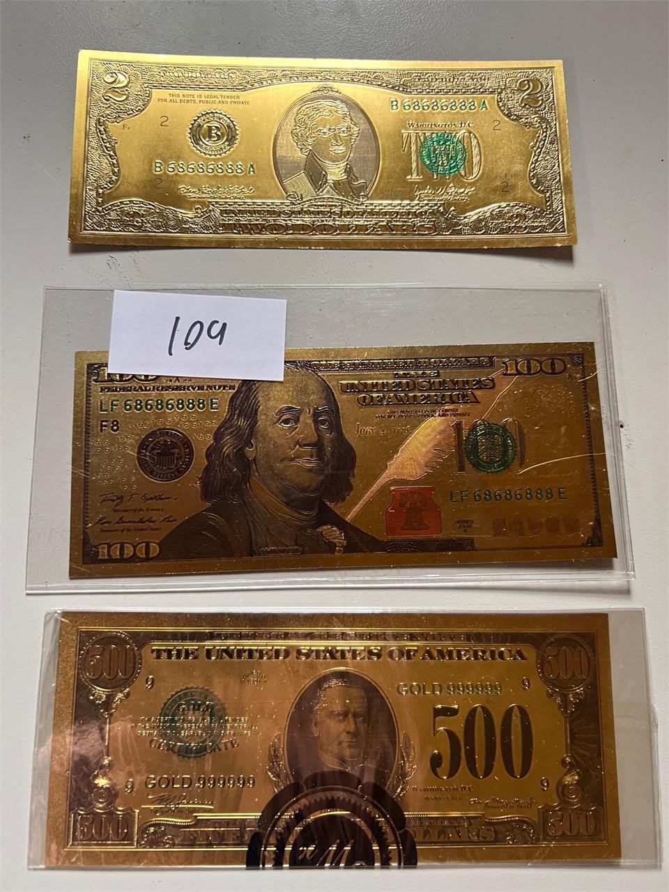 GOLD NOVELTY BILLS $2, $100, $500