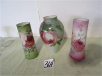 3 - HAND PAINTED VICTORIAN STYLE VASES 2-81/2' ,9"