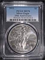 2011 AMERICAN SILVER EAGLE PCGS MS70 25TH ANNIV