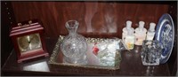Seth Thomas Clock, Mirror Tray, 2 Glass Vases,