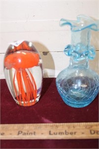 Art Glass Paerweight & Blue Crackle Glass Vase