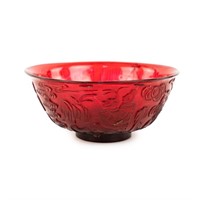 Chinese Period Qianlong Carved Red Ruby Glass Bowl