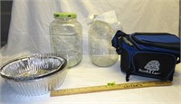 Large Pickle Jars, Soft Cooler, Tin ware