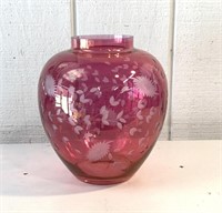 Large 10" Cranberry Etched Art Glass Vase