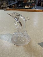 VTG Glass Dolphin Sculpture on Frosted Glass Wave