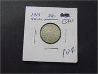 1913 Small Leaves Canadian 10 Cent Coin