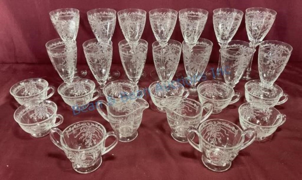 Cambridge etched stemware, etc.