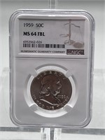 1959 NCG MS64FBL Silver Franklin Half Dollar