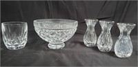 Group of cut glass bowl, cup, bud vases