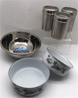 (3) 3qt Metal Mixing Bowls & 3 Lidded Canisters &