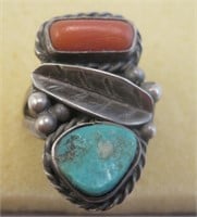 Navajo SS Turquoise & Coral Ring - Tested
