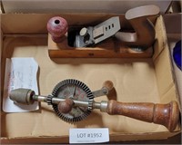 VTG. WOODEN PLANE & HAND DRILL CRANK