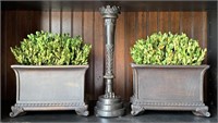 Faux Boxwood Decor w Claw Foot Candle Holder