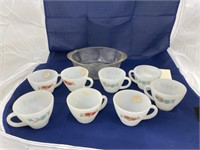 Glass Casserole & approx 9 Fireking Coffee Cups