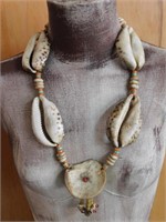 AFRICAN TRADE BEAD SHELL NECKLACE VINTAGE ANTIQUE