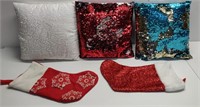 FUN SEQUIN PILLOWS, BLUE, RED & WHITE SILVER