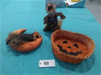 Pumpkin Basket, Tin Scarecrow, Fabric Cat