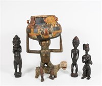 4 PC. CARVED AFRICAN FIGURES & SENUFO DRUM