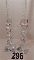 2 GLASS CANDLESTICKS WITH GLASS WICK CANDLES 21