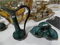 2PC GREEN BM POTTERY PITCHER AND DIVIDED DISH