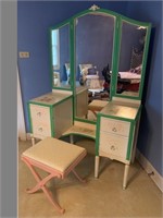 Painted vanity- green and yellow w/painted bench
