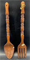Hand carved wood fork and spoon set, South America