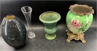 Lot of 4 vases, 1 is antique enameled brass