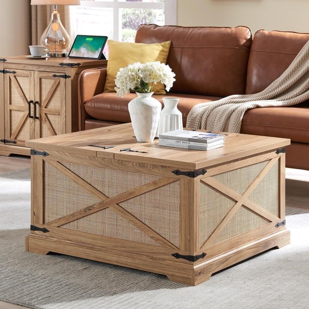 Farmhouse Square Coffee Table with Storage  Wood