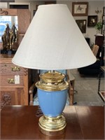 Blue and Brass Lamp with Cream Colored Shade