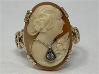 10 K Gold Cameo Ring with Diamond