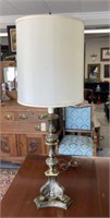 Tall Ornate Brass Lamp with Cream Colored Shade