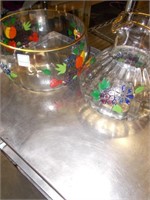 Glass Pitcher & Bowl w/Fruit Design,