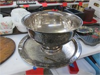 15” Diameter Silver Plate Punch Bowl + Tray.