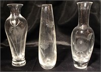 Set of 3 Etched Crystal Bud Vases