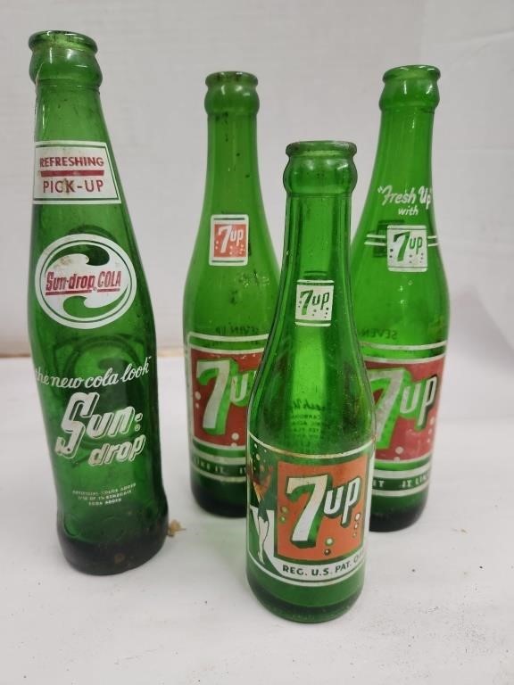 7 Up and Sundrop Vintage Green Bottles