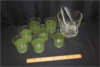 (7) Green Glasses & Glass Ice Bucket 6 x 6