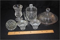 Glassware: Covered Butter Dish, (3) Candle