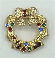 MERSAMER Christmas Wreath Rhinestone 1 1/2" Brooch