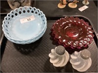 Cranberry Dewdrop Plates, Opalescent Shakers.