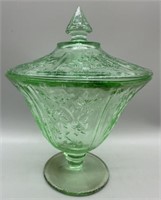 Green Depression Glass Candy Jar - Sharon Pattern