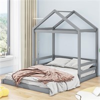 ZNTS Wood Full Size House Bed with Guardrail, Grey