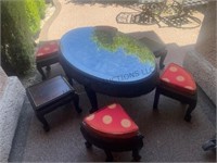 Asian Table carved with 6 stools 6 red cushions