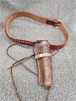 Hand tooled leather holster and belt.  Look at the