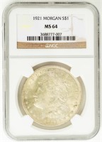 Coin 1921-P Morgan Silver Dollar NGC MS64