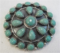 Navajo SS & Turquoise Cluster Pin Or Pendant